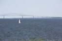 The British ships would have been positioned near the location of the bridge (Key Bridge). Out of range of the cannon of Fort McHenry