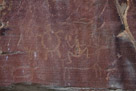 Finally. Some rock art. I started at the far(east) end of the cliff and worked west. Actually there are two cliffs with rock art on them. This is the lesser which is to the east of the main Legend Rock panels.  Note the much older deer under the turtle? and antrromorph.